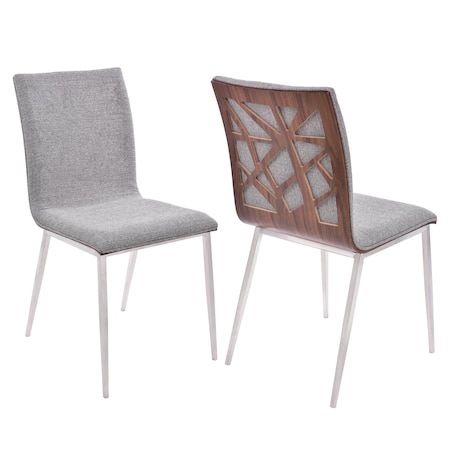 Armen Living Crystal Dining Chair in Brushed Stainless Steel finish with Gray Fabric and Walnut Back, PK2 LCCRCHGRF